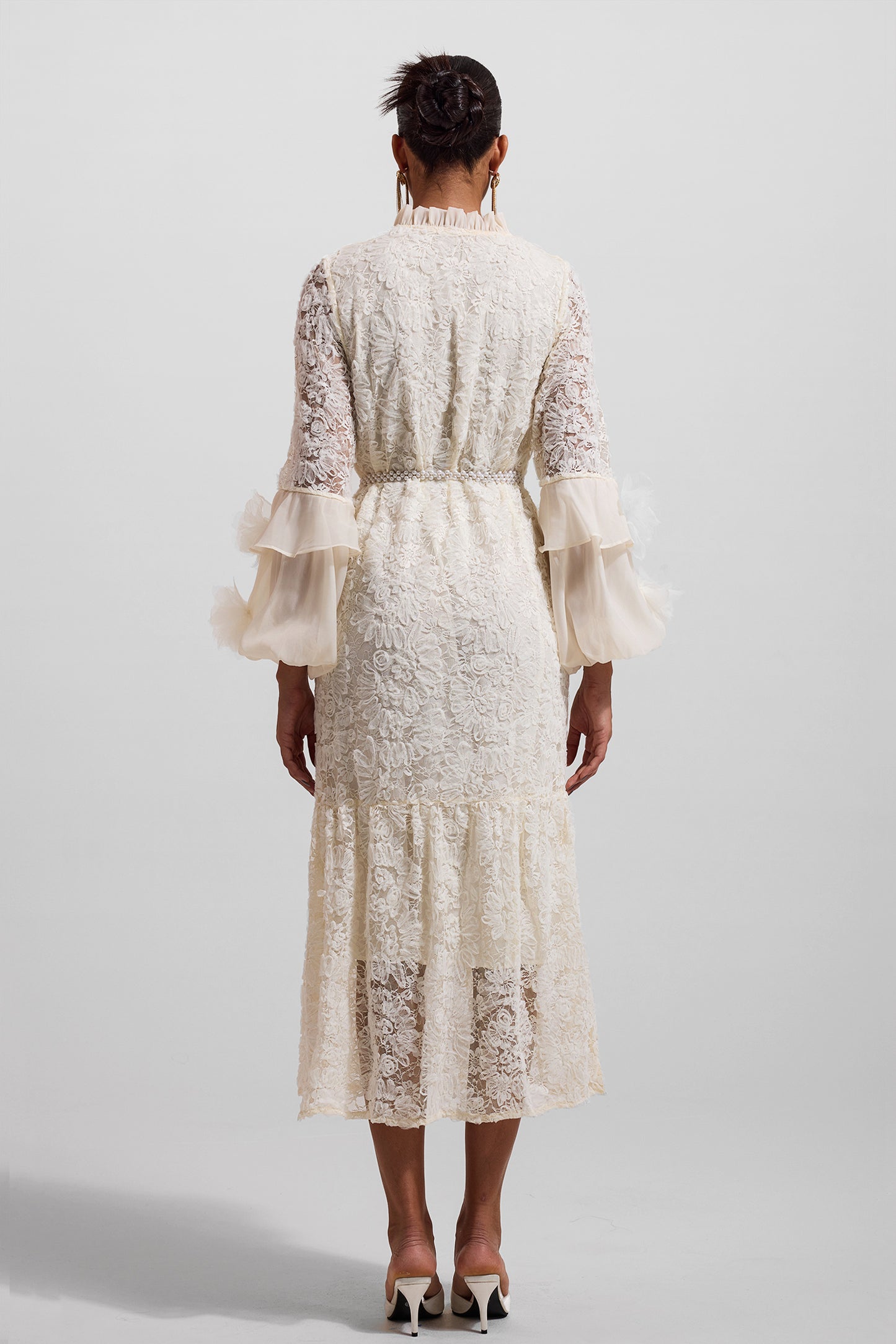 Lace 3d Midi Dress With Faux Pearl Belt