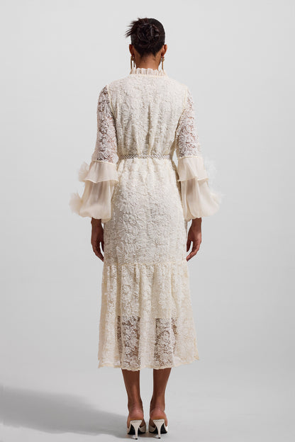 Lace 3d Midi Dress With Faux Pearl Belt