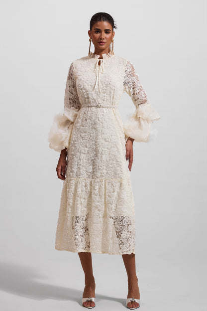 Lace 3d Midi Dress With Faux Pearl Belt
