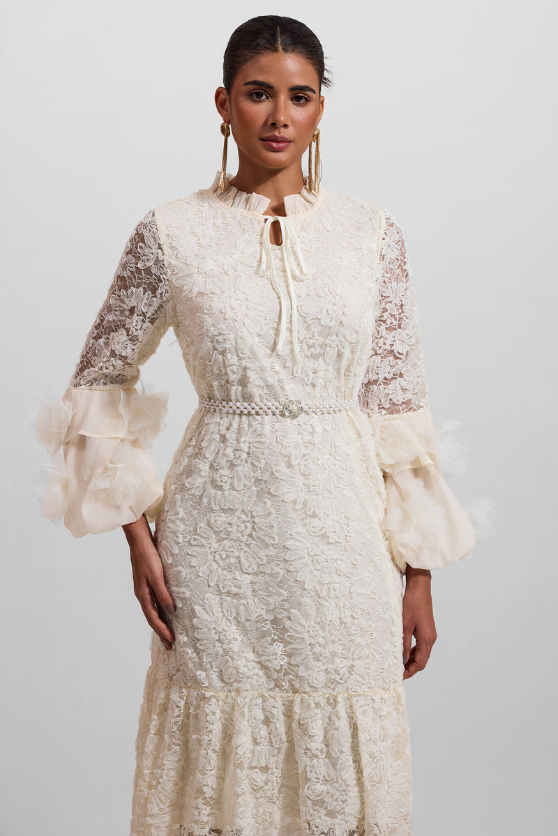 Lace 3d Midi Dress With Faux Pearl Belt