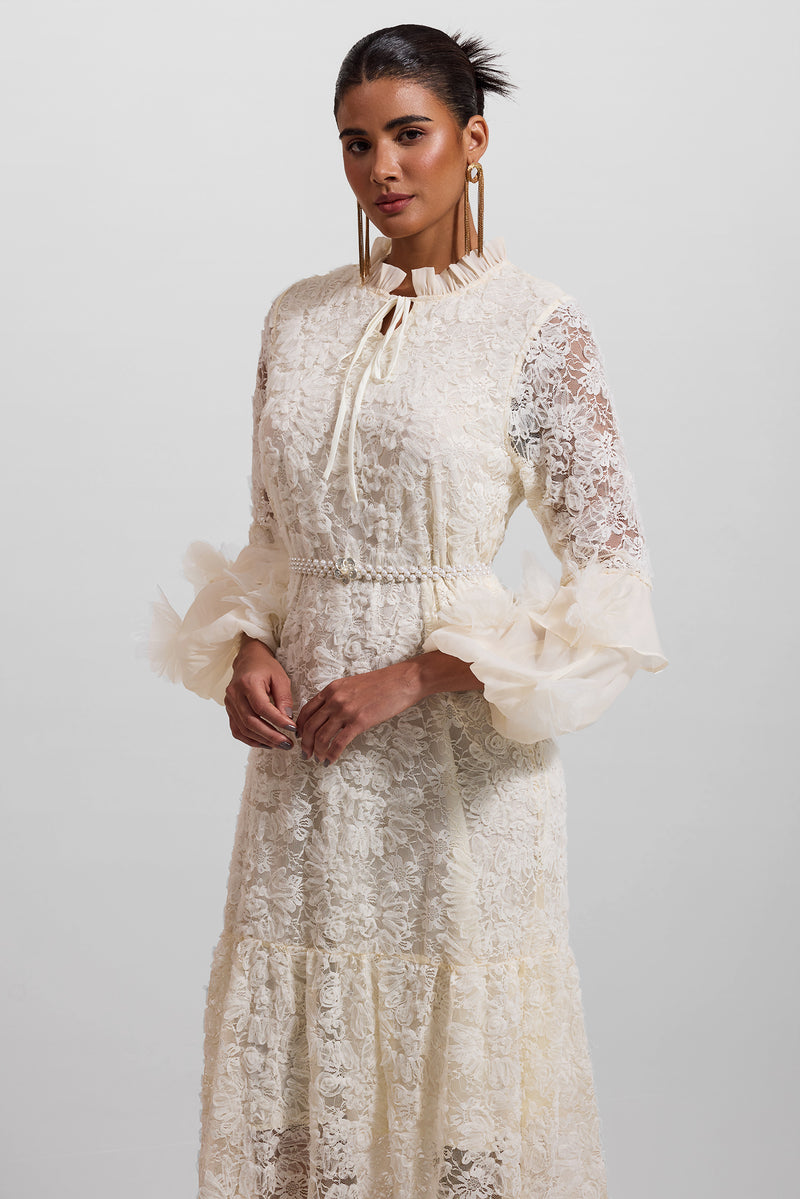 Lace 3d Midi Dress With Faux Pearl Belt