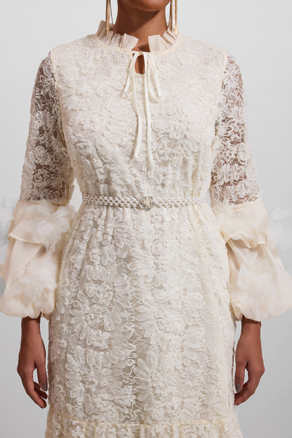 Lace 3d Midi Dress With Faux Pearl Belt