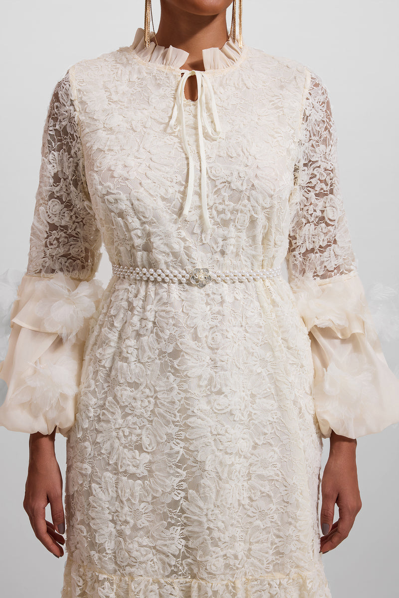 Lace 3d Midi Dress With Faux Pearl Belt