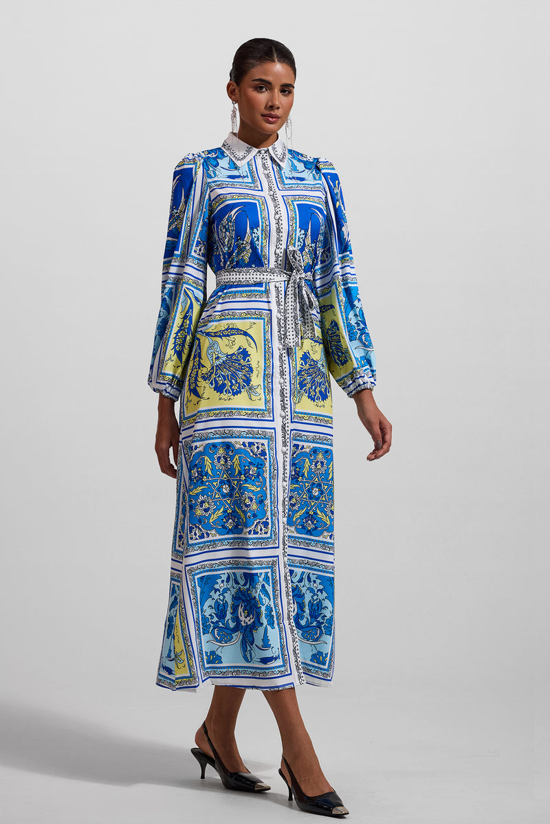 Paisley Print Lantern Sleeve Midi Dress With Belt