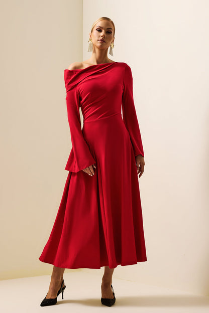 Off-shoulder Ruched Ball Sleeve Midi Dress