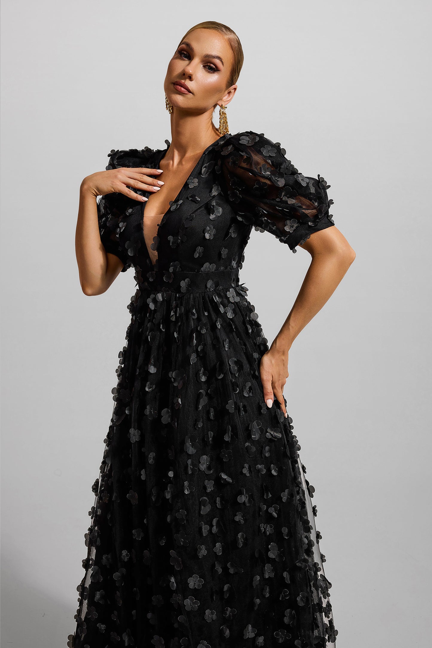3d Puff Sleeve Maxi Dress