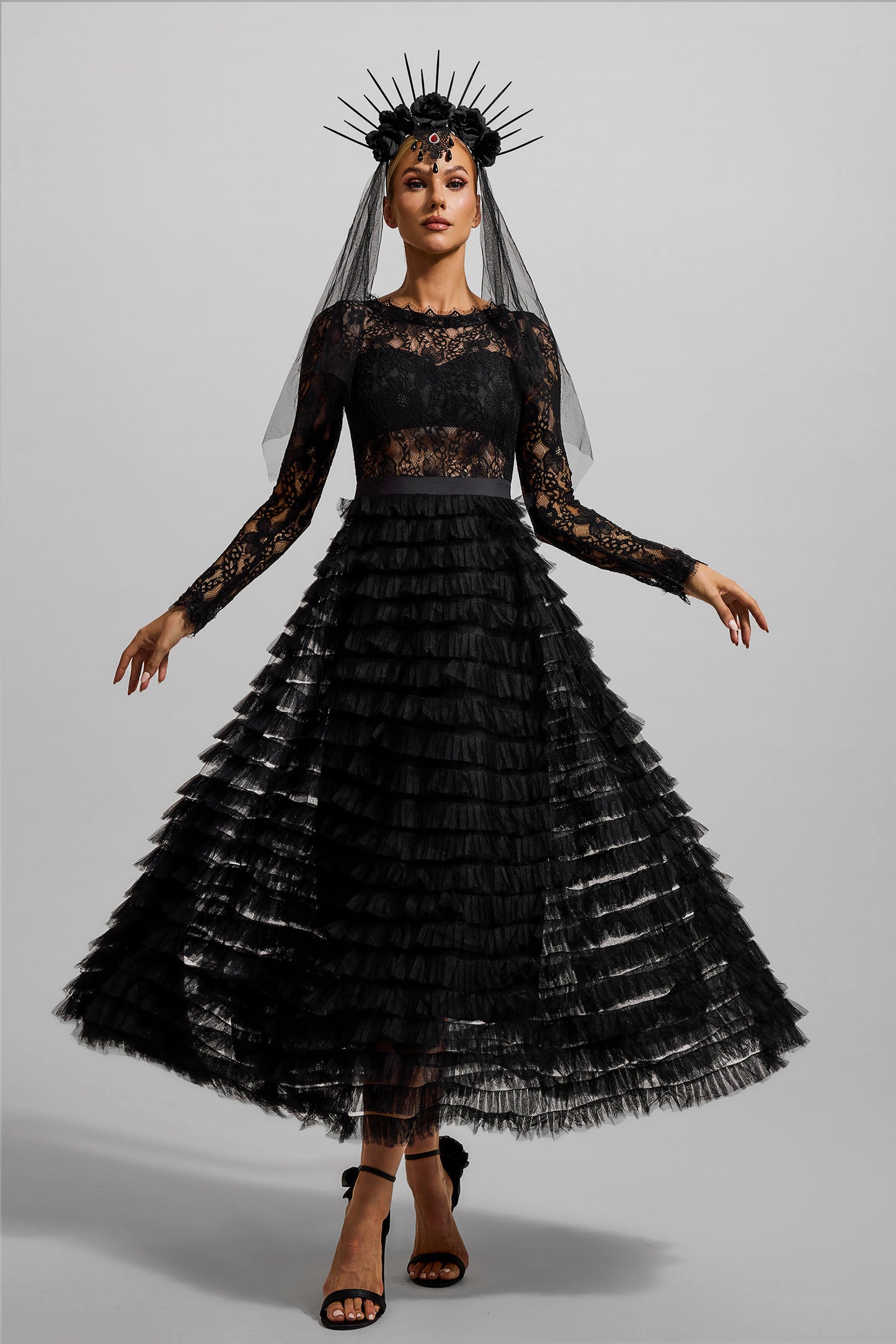 Lace Tiered Long Sleeve Midi Dress