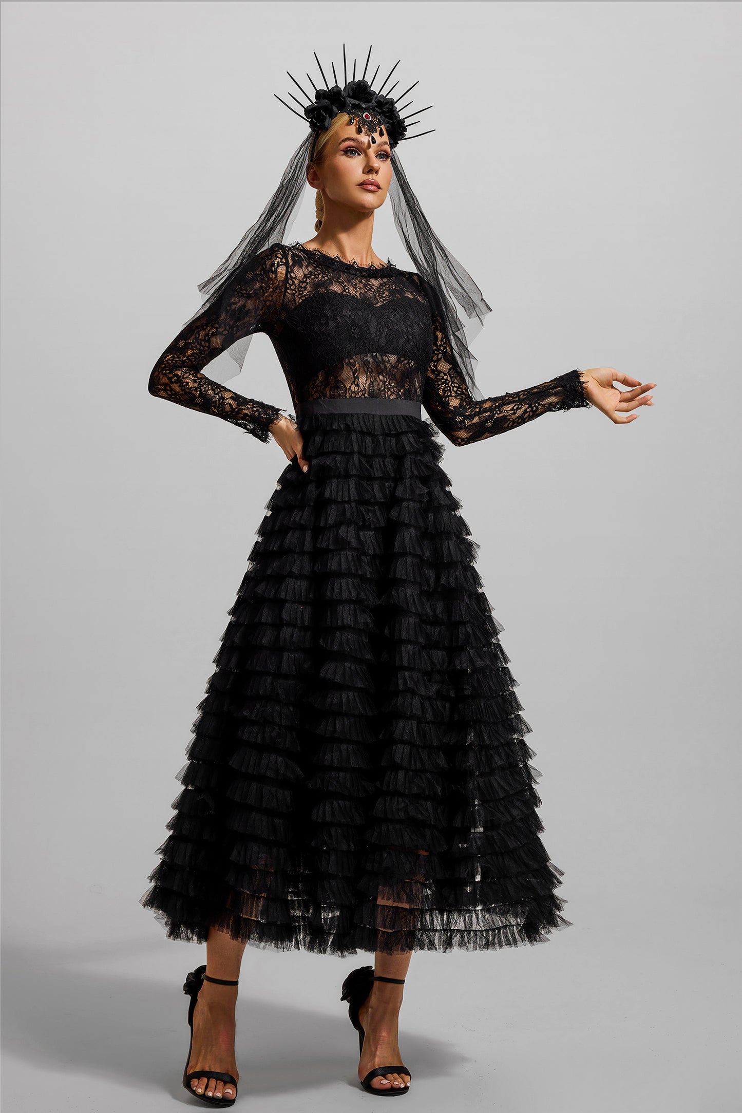 Lace Tiered Long Sleeve Midi Dress