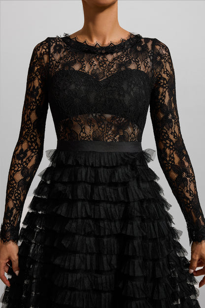 Lace Tiered Long Sleeve Midi Dress