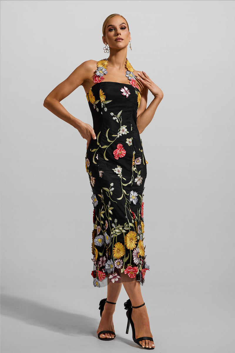 Embroidered Halter Neck Midi Dress