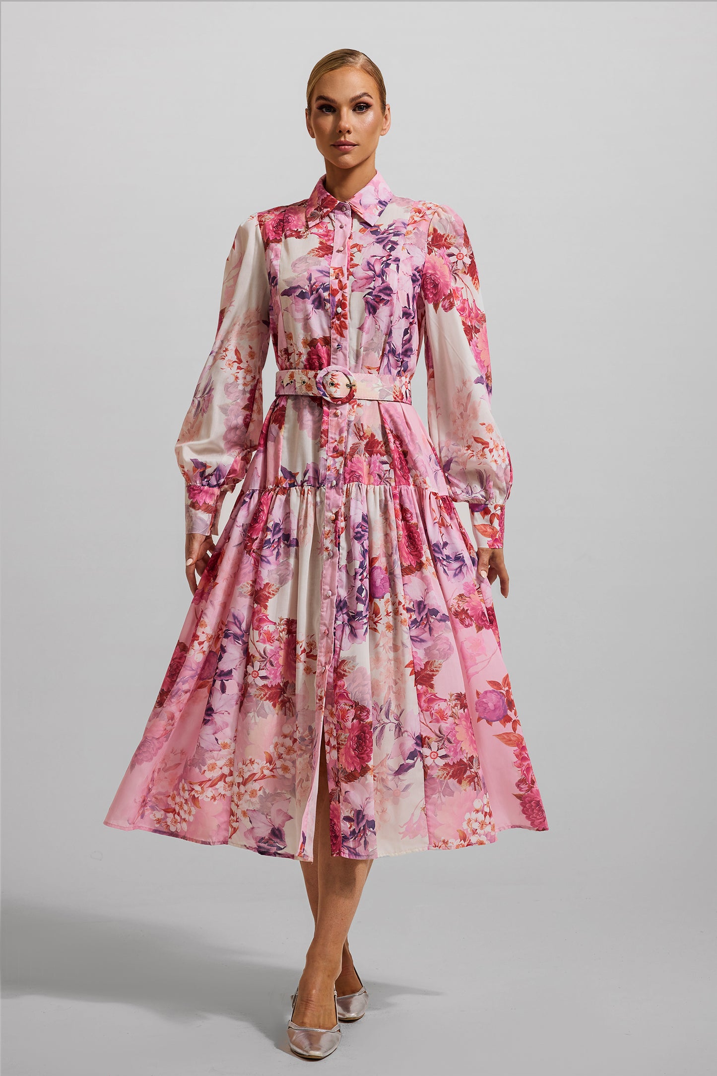 Shirt Collar Midi Dress With Belt