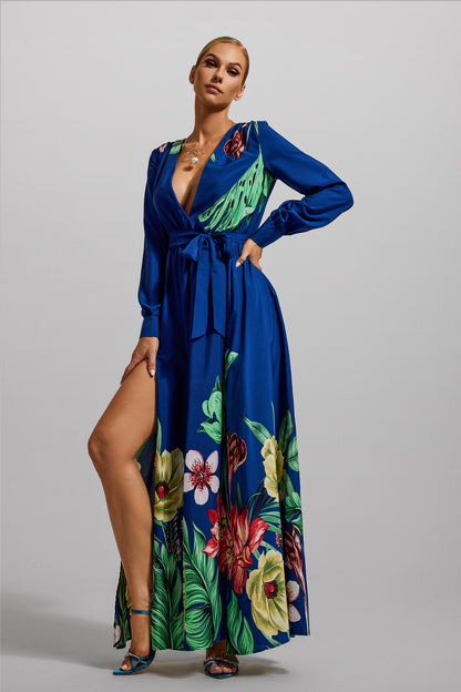 V-neck Lantern Sleeve Maxi Dress