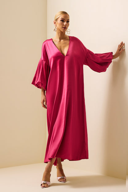Satin Puff Sleeve V-neck Maxi Dress