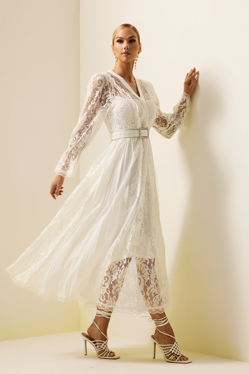 Lace Long Sleeve Midi Dress With Belt