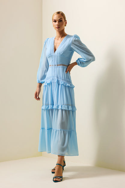 Lace V-neck Frill Midi Dress Blue