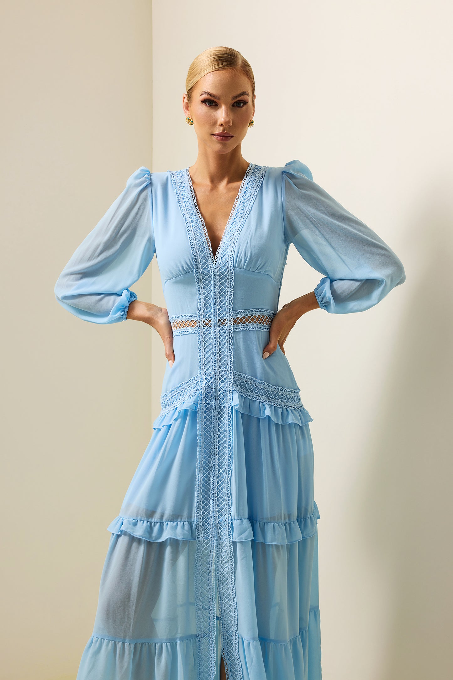 Lace V-neck Frill Midi Dress Blue