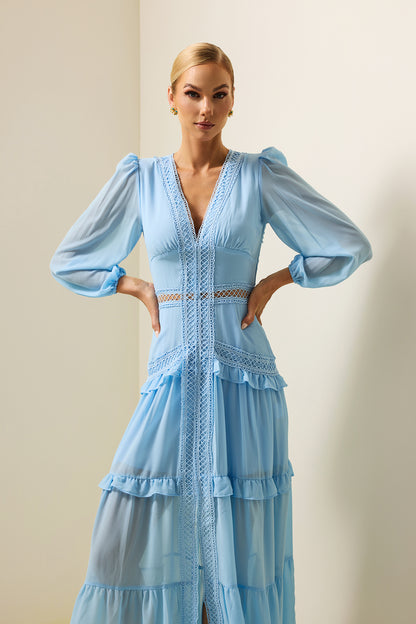 Lace V-neck Frill Midi Dress Blue