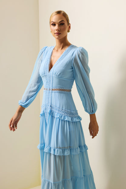 Lace V-neck Frill Midi Dress Blue