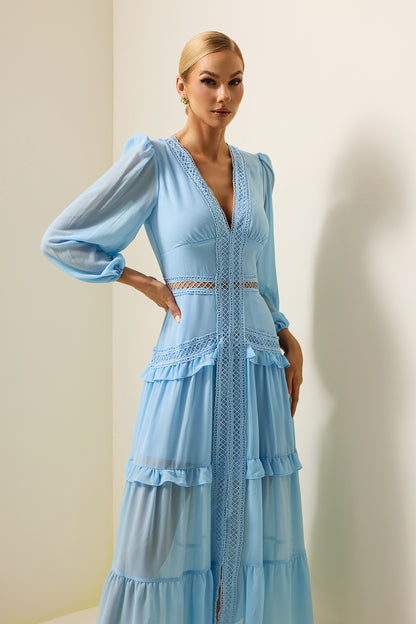 Lace V-neck Frill Midi Dress Blue