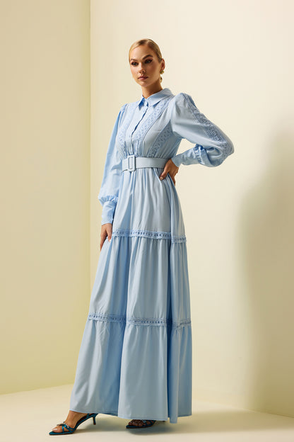 Lace Lantern Sleeve Maxi Dress With Belt