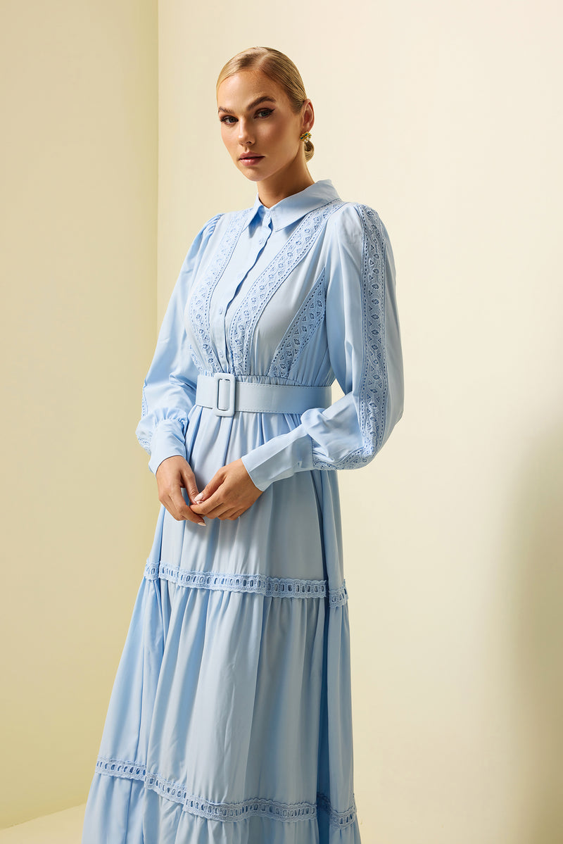Lace Lantern Sleeve Maxi Dress With Belt