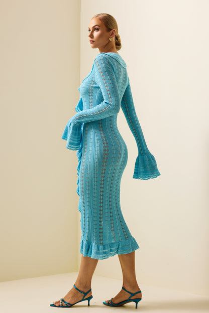 Knit Frill Long Sleeve Midi Dress