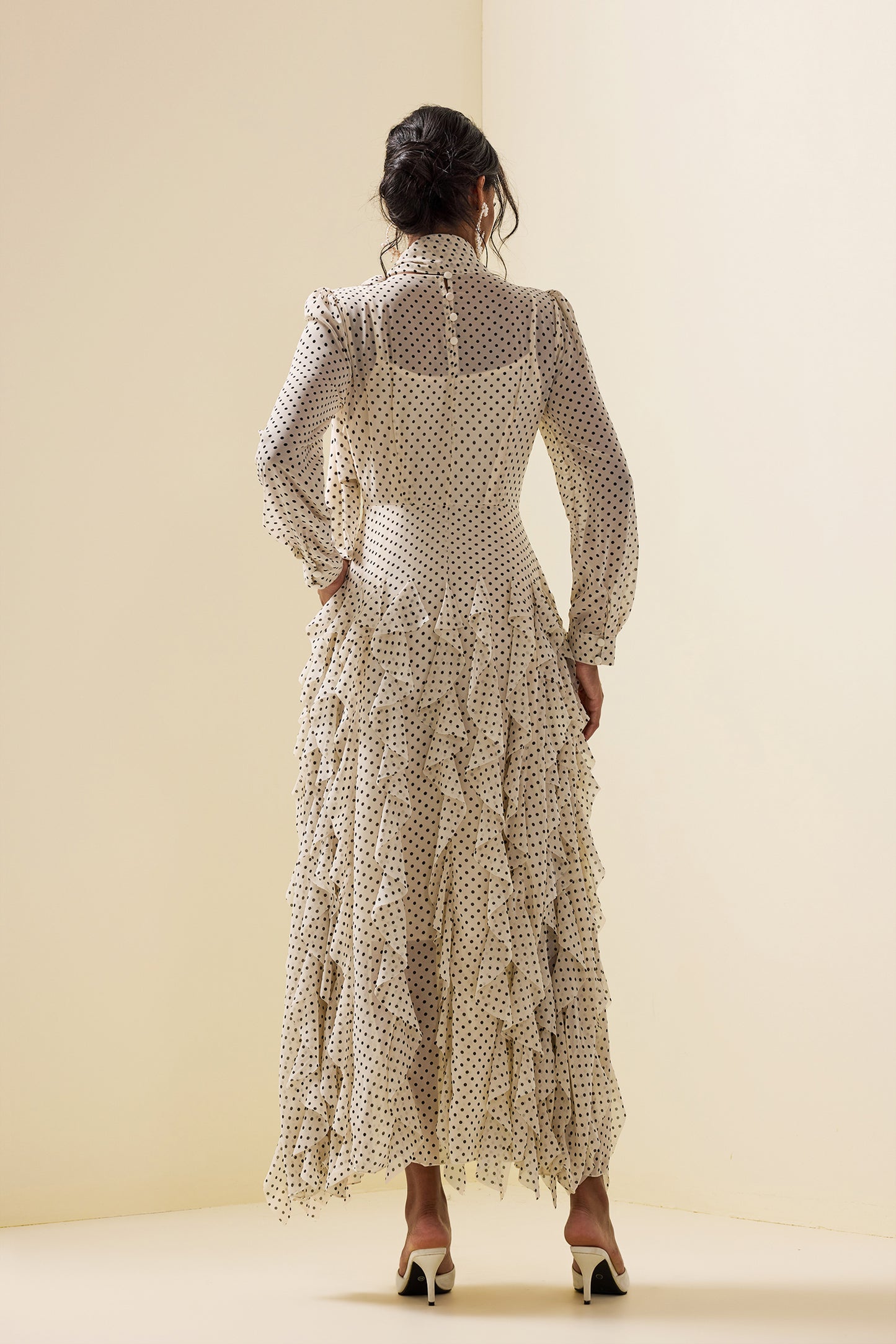 Polka Dot Frill Lace-up Midi Dress