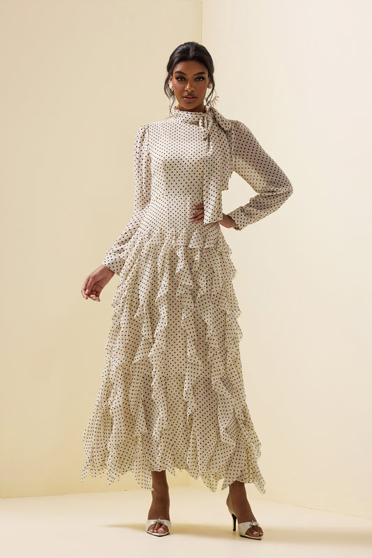 Polka Dot Frill Lace-up Midi Dress