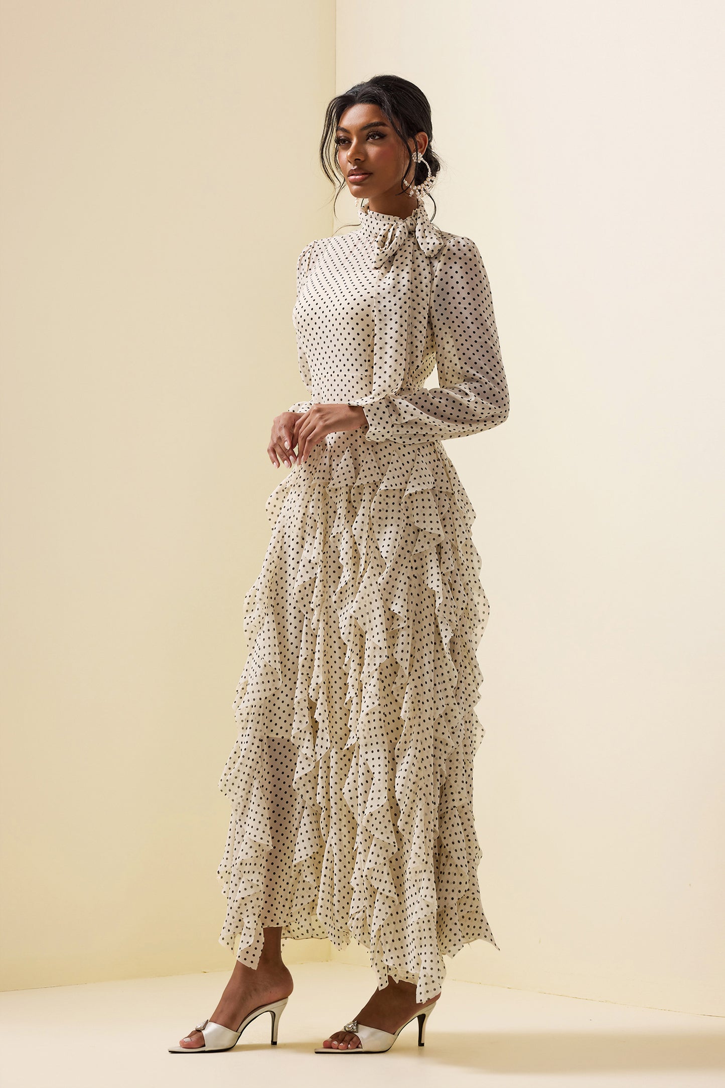 Polka Dot Frill Lace-up Midi Dress