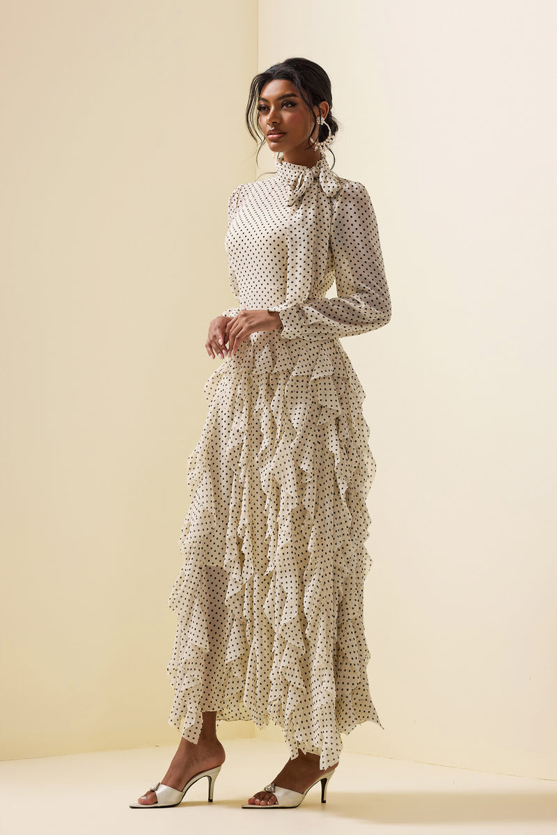 Polka Dot Frill Lace-up Midi Dress
