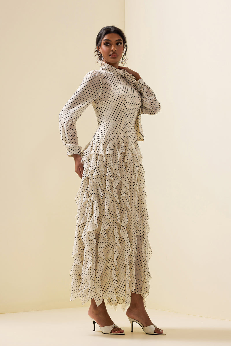 Polka Dot Frill Lace-up Midi Dress