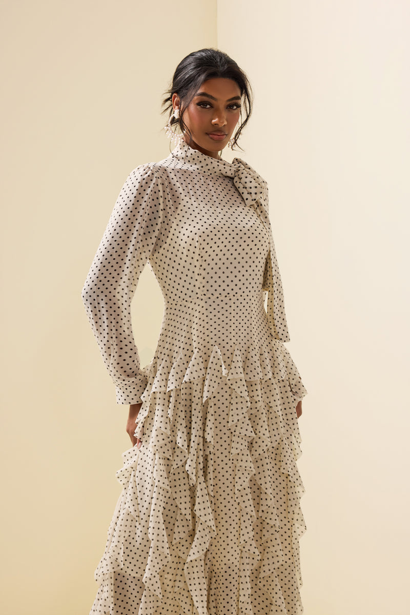 Polka Dot Frill Lace-up Midi Dress
