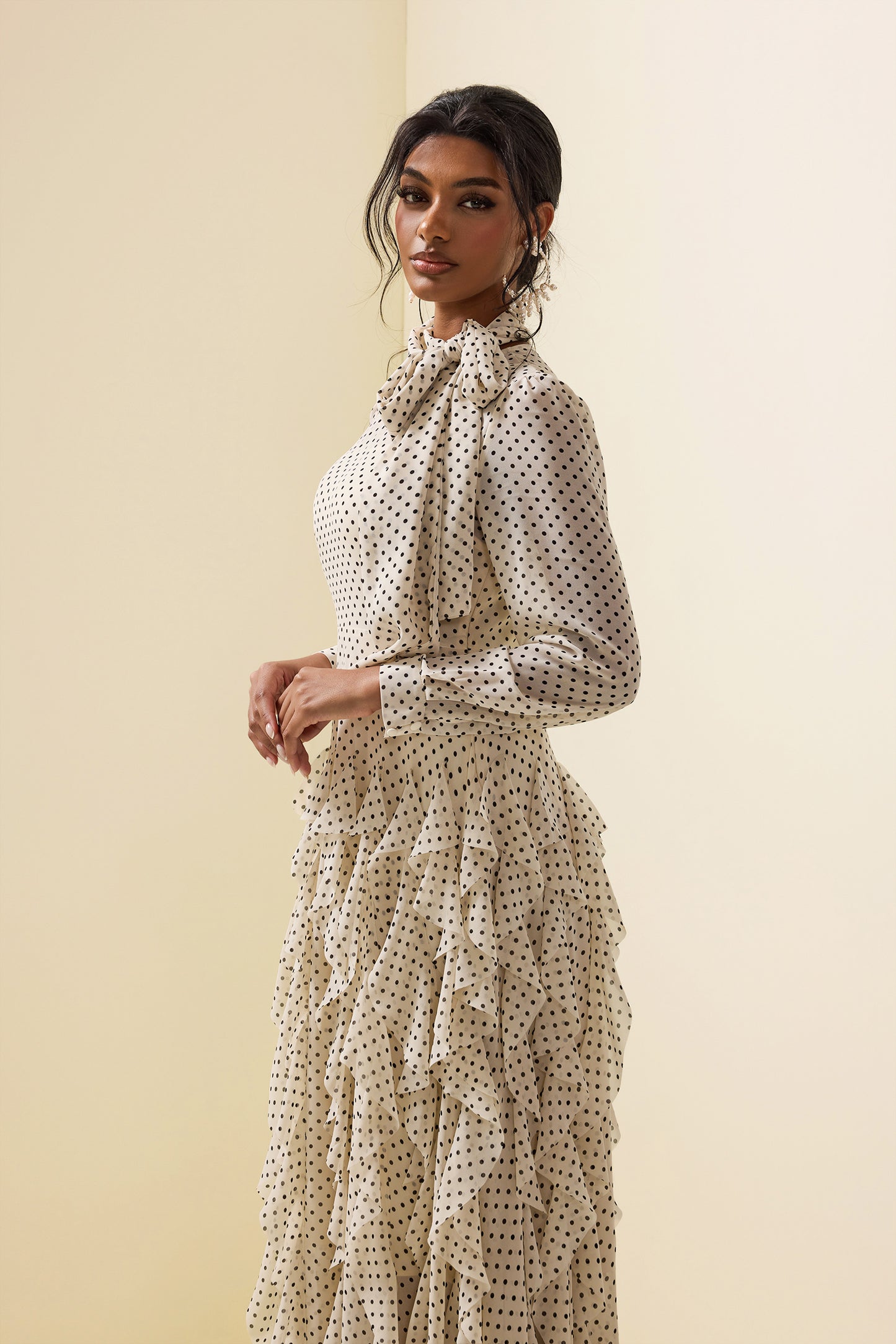 Polka Dot Frill Lace-up Midi Dress