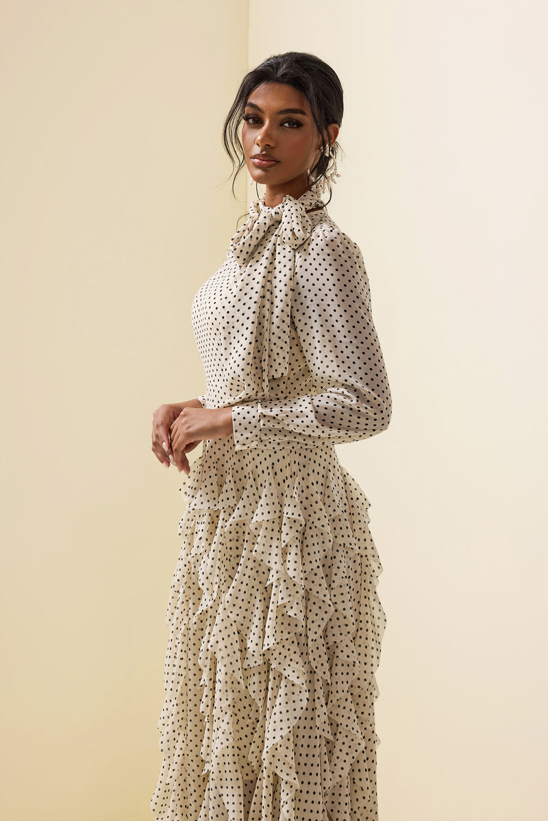 Polka Dot Frill Lace-up Midi Dress
