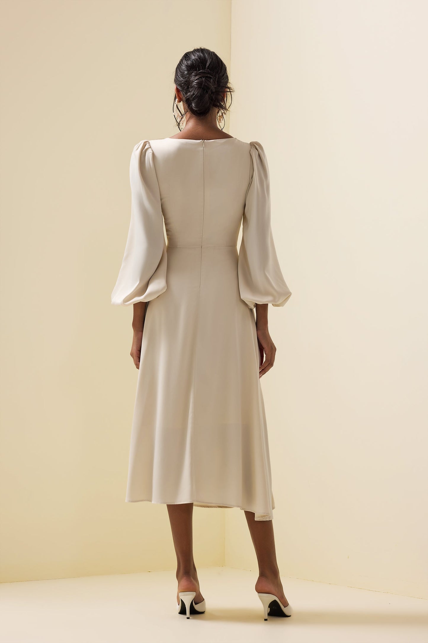 Faux Pearl Long Sleeve Midi Dress