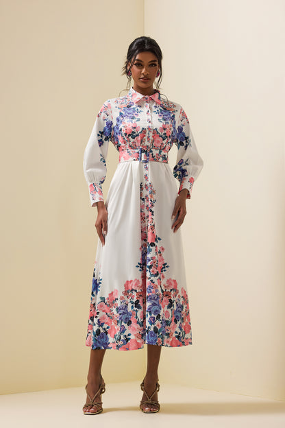 Shirt Collar Midi Dress With Belt