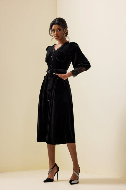 Velvet Lace Long Sleeve Midi Dress