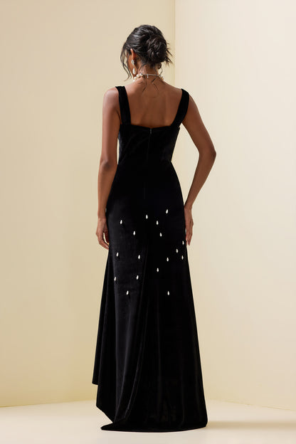 Velvet Faux Pearl Sweetheart Neck Maxi Dress