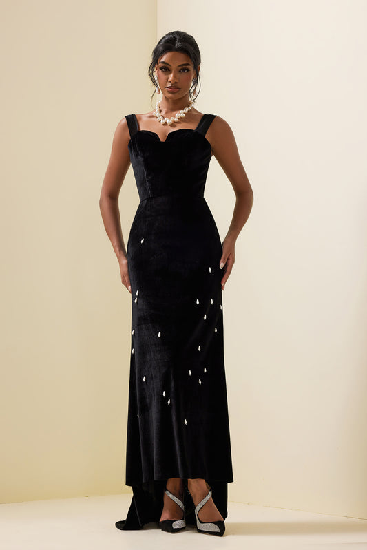 Velvet Faux Pearl Sweetheart Neck Maxi Dress
