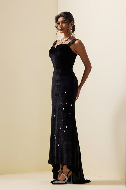 Velvet Faux Pearl Sweetheart Neck Maxi Dress