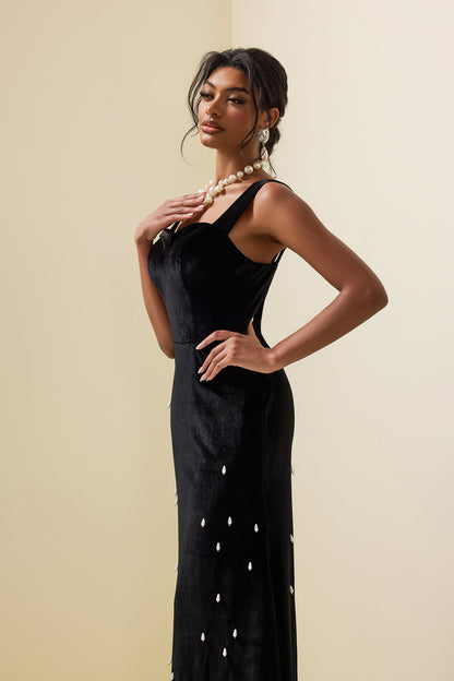 Velvet Faux Pearl Sweetheart Neck Maxi Dress