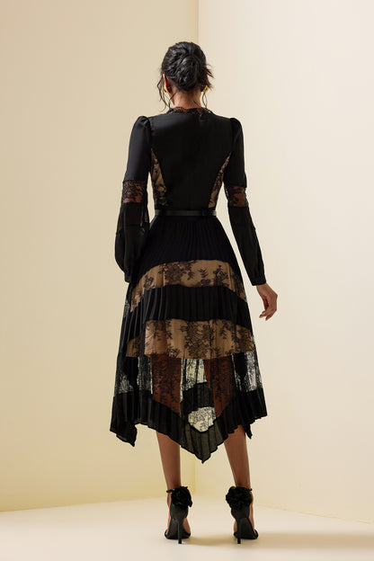 Lace Splicing Long Sleeve Midi Dress