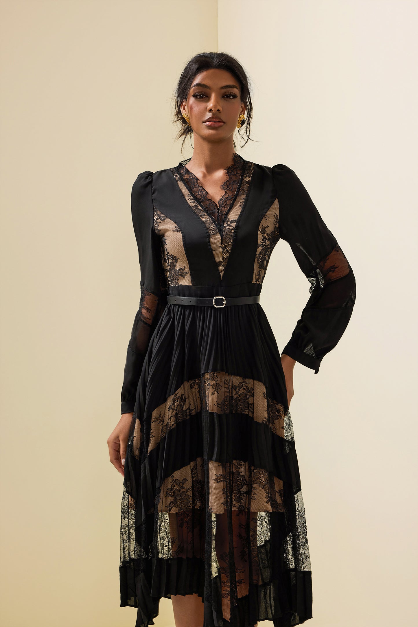 Lace Splicing Long Sleeve Midi Dress