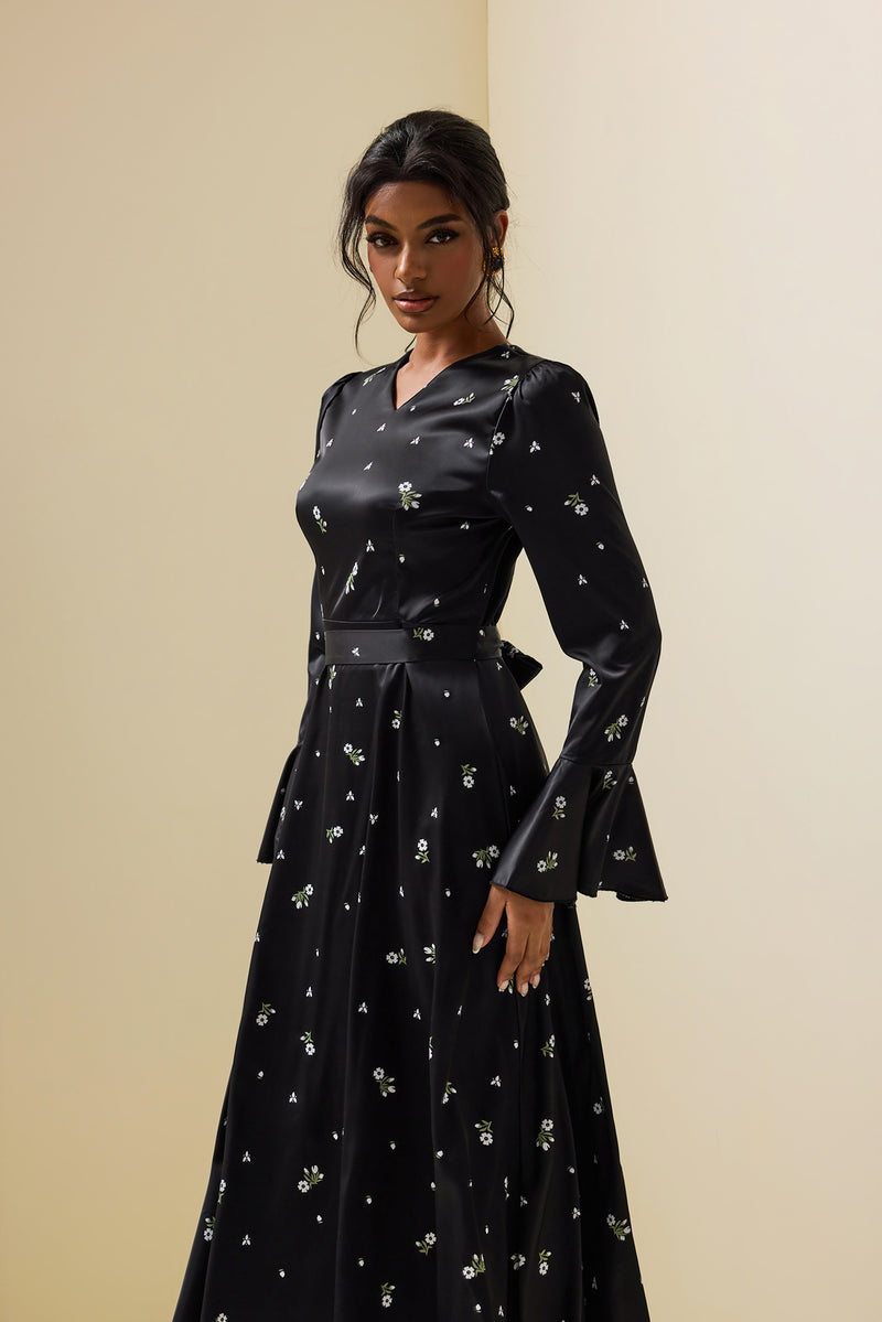 Satin Ball Sleeve Midi Dress