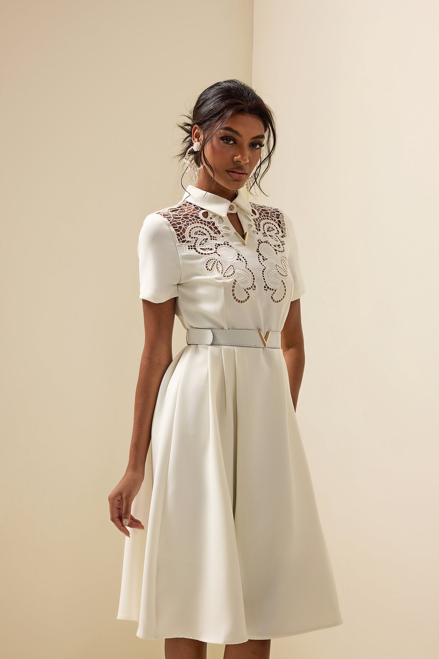 Embroidered Shirt Collar Midi Dress With Belt White