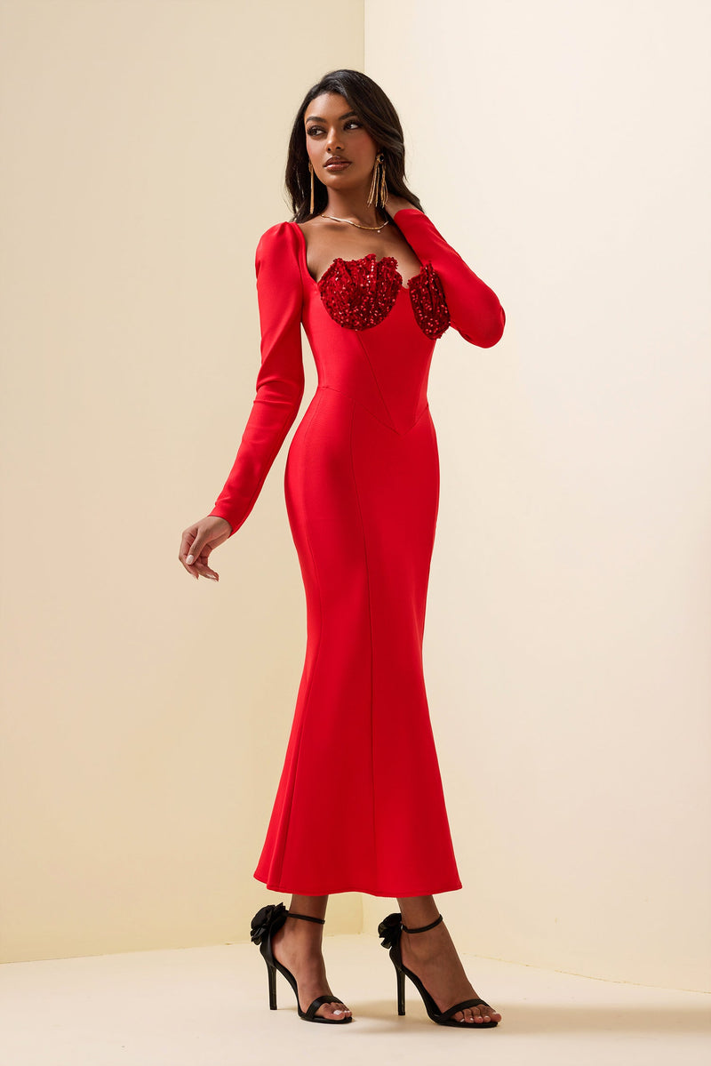 Knit Sequin Velvet Long Sleeve Midi Dress