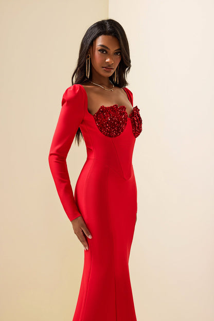 Knit Sequin Velvet Long Sleeve Midi Dress