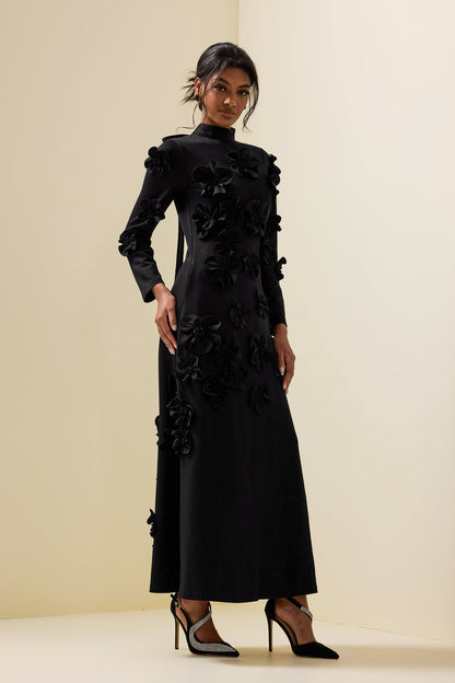 3d Flower Stand Collar Long Sleeve Midi Dress