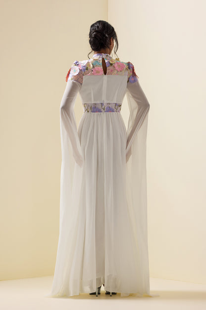 Embroidered Cape Sleeve Maxi Dress White