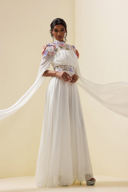 Embroidered Cape Sleeve Maxi Dress White